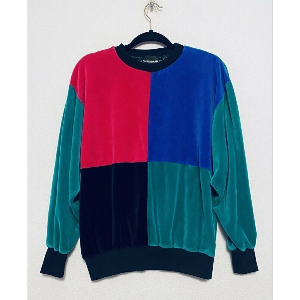Diane Gilman Sweatshirt Womens Large Color Block Velour Sweater Comfy 90s